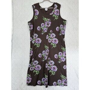 Vtg Sleeveless Maxi Dress 2X Brown Purple Floral Cottage Casual Grunge 90s Y2K
